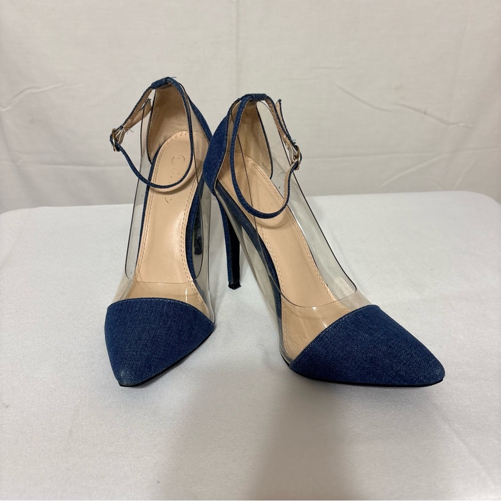 Liliana BB57 women's denim fabric toe pumps. Lucite clear side, a stiletto heel.